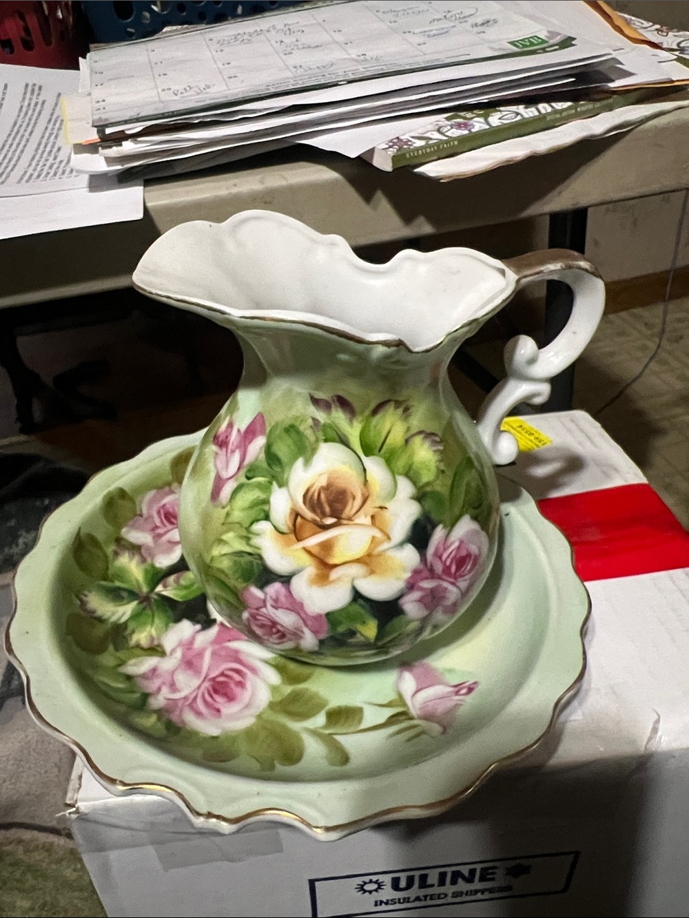 Vintage Hand-Painted Floral Ceramic Pitcher and Basin - Green